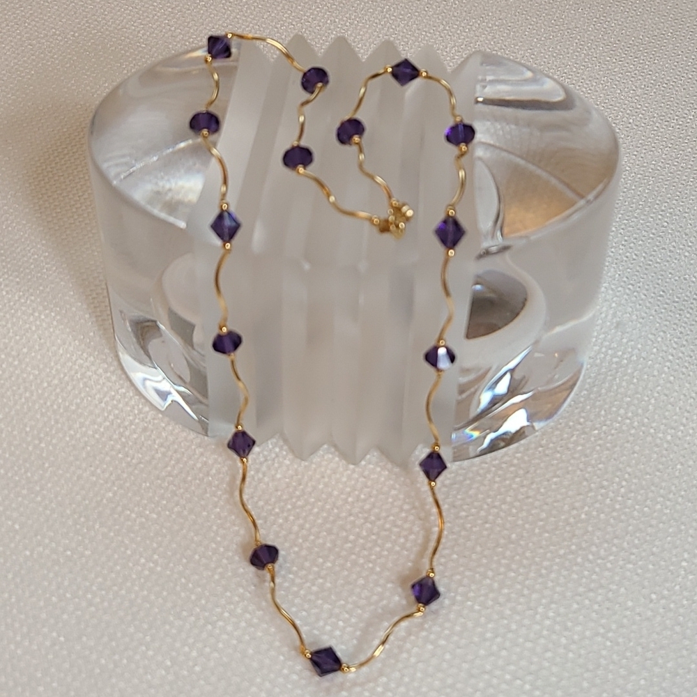 12k solid yellow gold necklace W amethyst swarovski crystal 18"